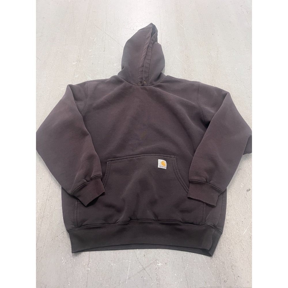 Carhartt Hoodie Mens L-XL 45" Chest Brown Fleece Kangaroo Pocket Rugged Workwear